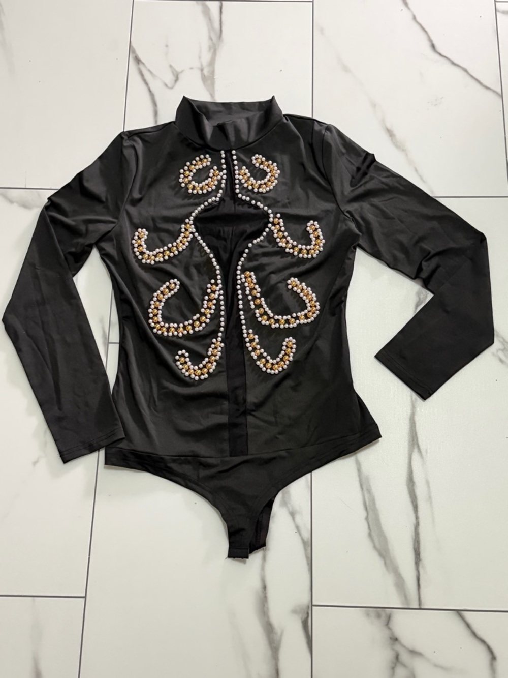 chic Black Satin-Look Top with Pearl Accent